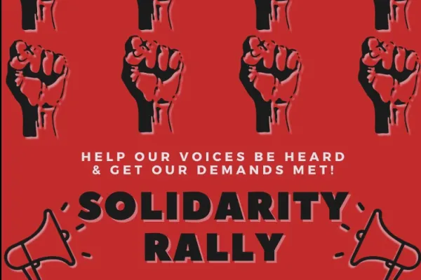 Red square flyer with eight black solidarity fists that lists information about the Solidarity Rally by Mercury Cafe Union