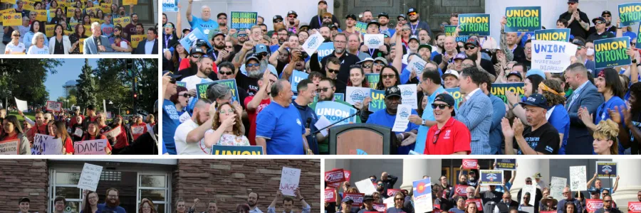 A collage of five different union rallies