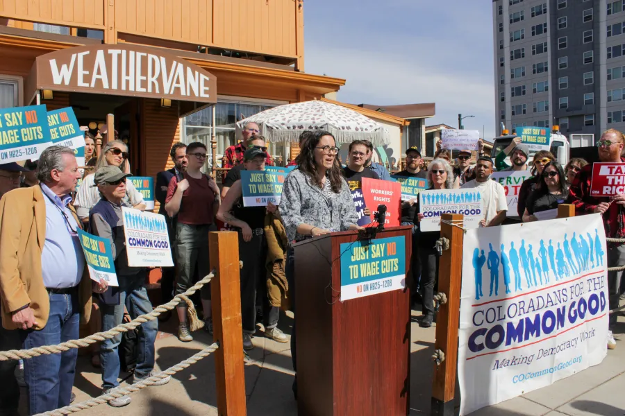 Councilwomen Parady addressing the crowd outside Weathervane